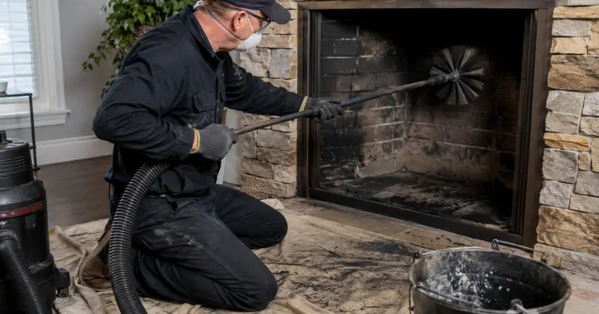 creosote buildup inside chimney flue before fireplace sweeper service