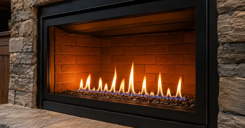 gas fireplace insert running with flame in converted masonry fireplace