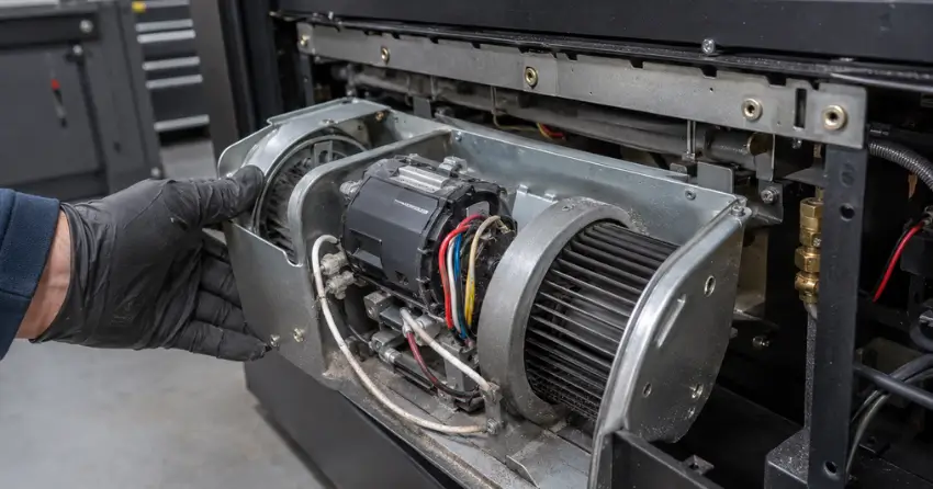 fireplace blower motor and fan service close-up