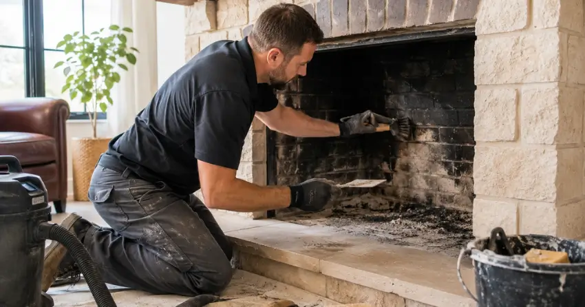 fireplace brick surround and hearth restoration close-up