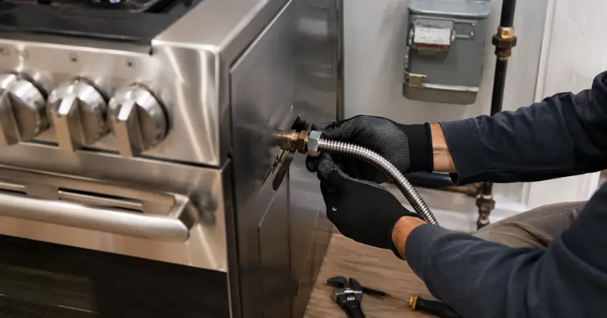 gas line specialist completing appliance connection for residential client