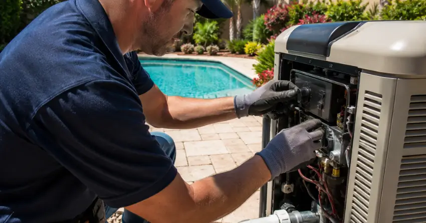 gas pool heater technician performing spring startup service in Ontario