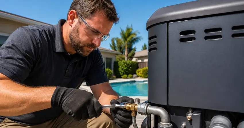 gas pool heater technician checking gas connections on pool heater unit