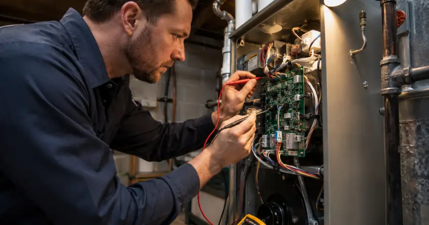 HVAC technician near me diagnosing furnace control board fault