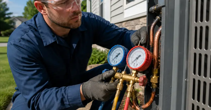 HVAC technician near me testing air conditioner refrigerant charge