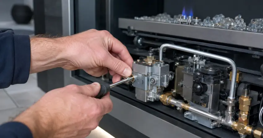 Gas valve assembly inspection during natural gas fireplace repairs in Ontario home