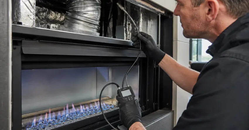 Technician inspecting venting and draft during natural gas fireplace repairs in Ontario property