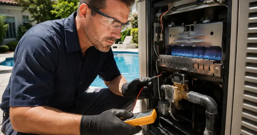 gas pool heater services near me inspection close-up