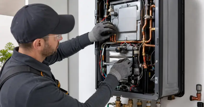 technician completing tankless water heater maintenance service inspection