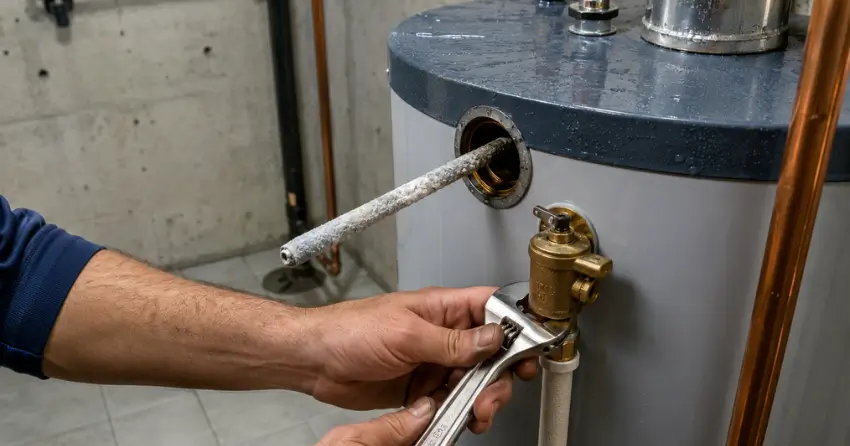 water heater service anode rod and pressure relief valve check